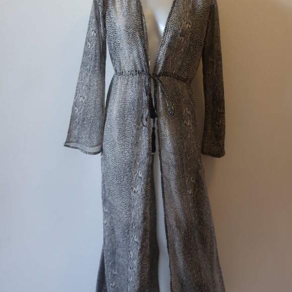 WOMENS AAKAA BLACK WHIT PRINT DESIGN SEMI-SHEER MAXI WRAP DRESS M * - Picture 5 of 10